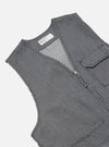 Close-up of the Indigo Hickory Stripe Denim Marine Gilet, a sleeveless denim vest with a vertical stripe pattern, zip closure, and chest pocket, staged on a white background.