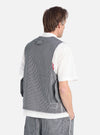 Back view of a model wearing the Indigo Hickory Stripe Denim Marine Gilet over a white shirt, against a white background. The gilet features a striped denim pattern.