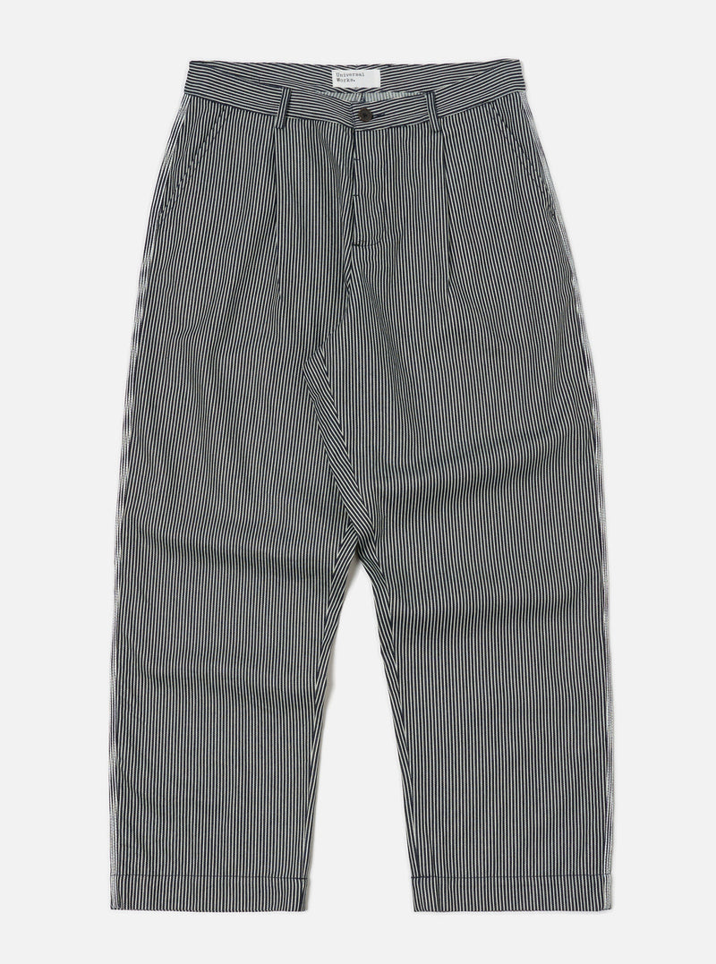 The Indigo Hickory Stripe Denim Duke Pant on a white background. These wide-legged pants feature a blue and white vertical stripe pattern.