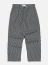 The Indigo Hickory Stripe Denim Duke Pant on a white background. These wide-legged pants feature a blue and white vertical stripe pattern.
