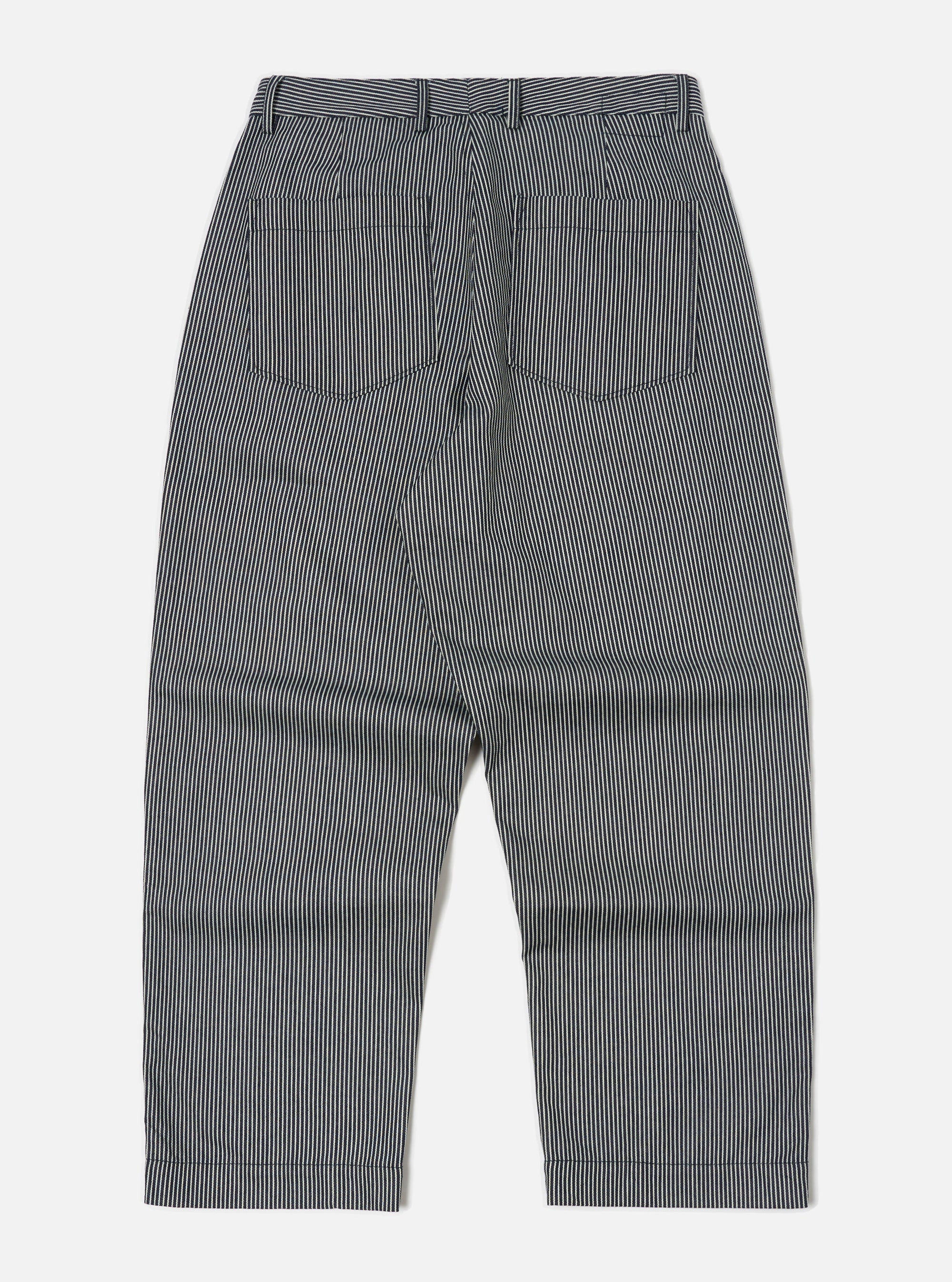 Back view of Indigo Hickory Stripe Denim Duke Pant on a white background. The denim pants have a relaxed fit with vertical stripes.