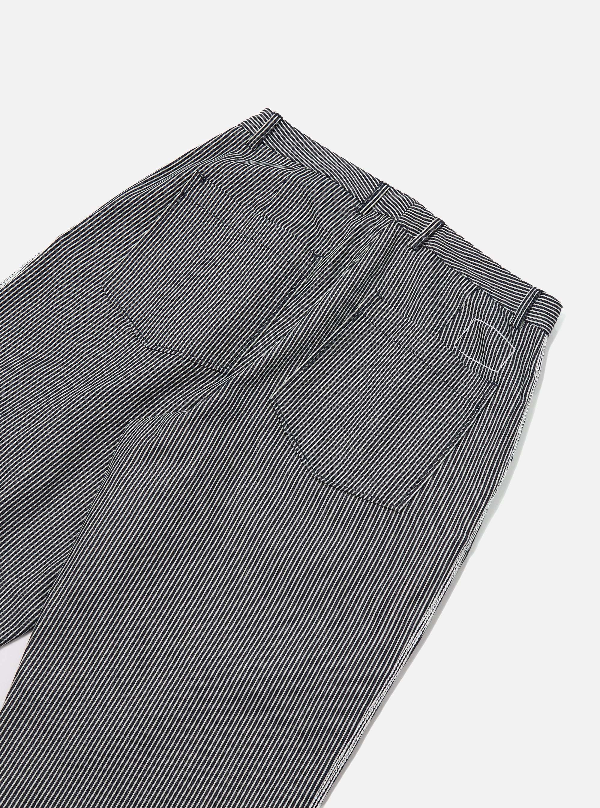 Close-up of the Indigo Hickory Stripe Denim Duke Pant, showcasing the denim material and striped pattern on a white background.