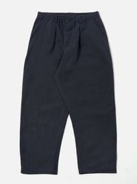 The Navy Linen Slub Weave Oxford Pant, in navy linen, is laid flat on a white background. The pants have a relaxed fit and an elastic waistband.