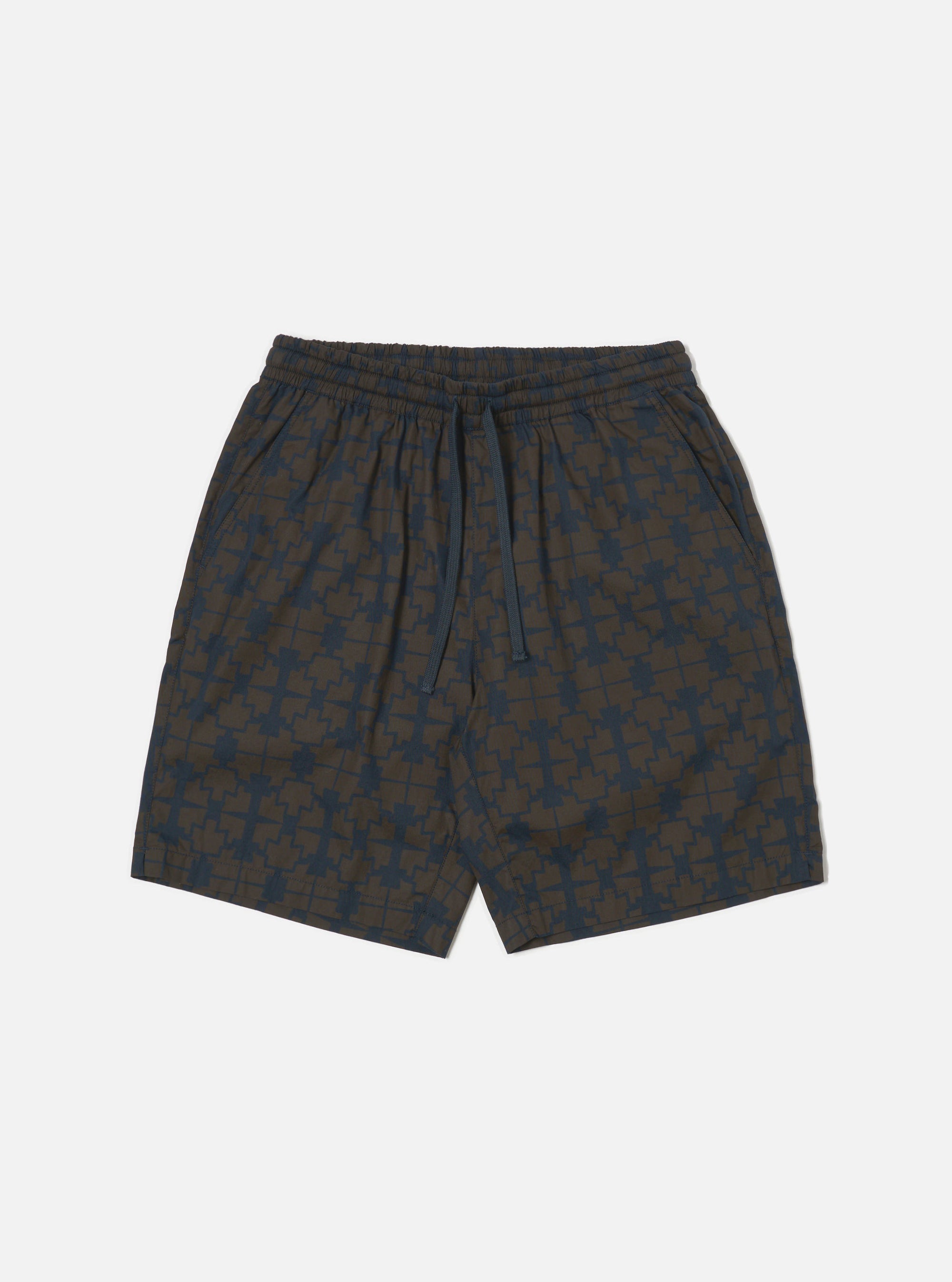The Navy Mitla Print Cotton Simple Short is displayed on a white background. The shorts are a simple fit and feature a navy and brown geometric print.
