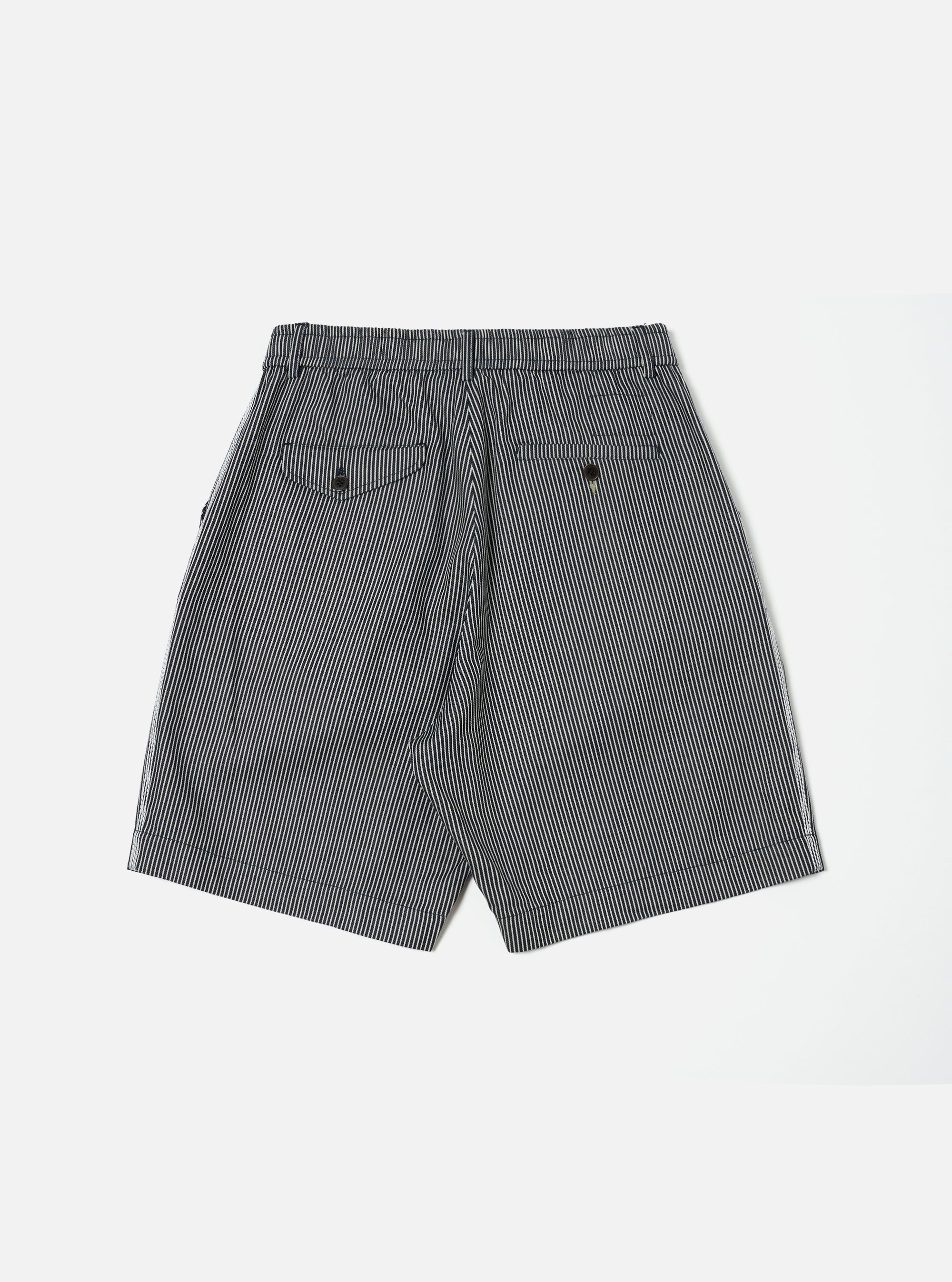 Back view of Indigo Hickory Stripe Denim Pleated Track Short on a white background. The denim shorts have a relaxed fit with an elastic waistband and back pockets.