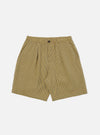 Flat lay of Yellow Japanese Seersucker Pleated Track Short on a white background. The shorts have a yellow and dark gray checkered pattern and a relaxed fit.
