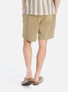 Back view of a model wearing Yellow Japanese Seersucker Pleated Track Short on a white background. The shorts are yellow with a subtle checkered pattern.