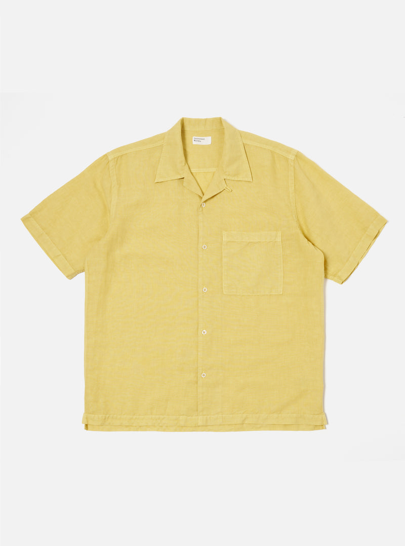 Studio shot of the Lemon Linen Cotton Shirting Camp Shirt. The lemon-colored shirt is laid flat on a white background. The shirt has short sleeves, a camp collar, and a chest pocket.