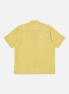 Back view of the Lemon Linen Cotton Shirting Camp Shirt on a white background. The shirt is a light yellow color and has short sleeves.