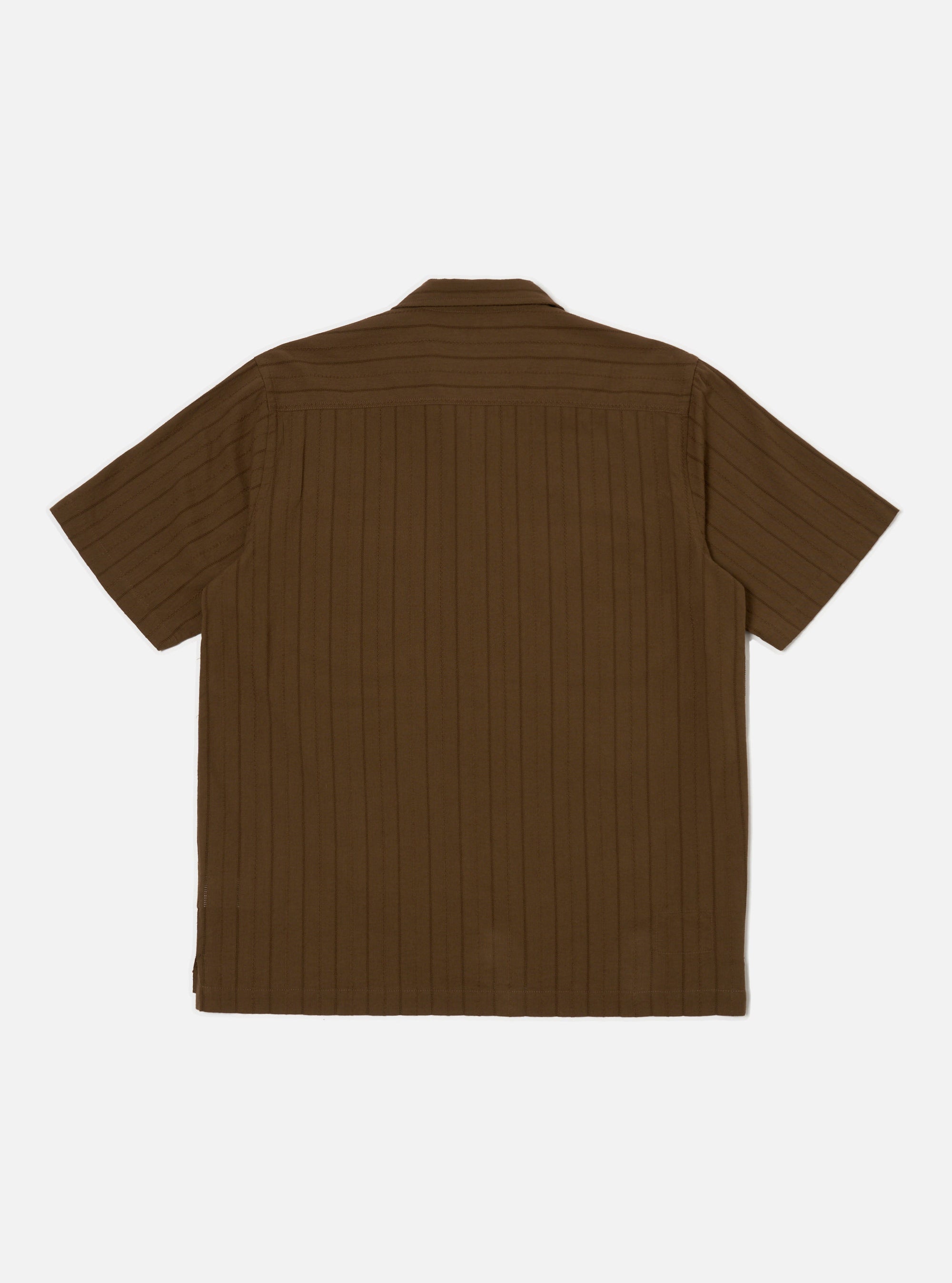 Back view of the Brown Dobby Self Stripe Camper Shirt on a white background. The shirt is brown with a self stripe pattern.