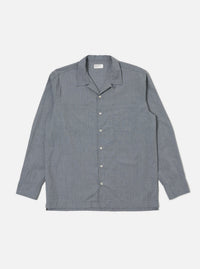 The Grey End On End Cotton Garage Shirt is laid flat on a white background. This long-sleeved shirt has a camp collar, two chest pockets, and a button-up front.