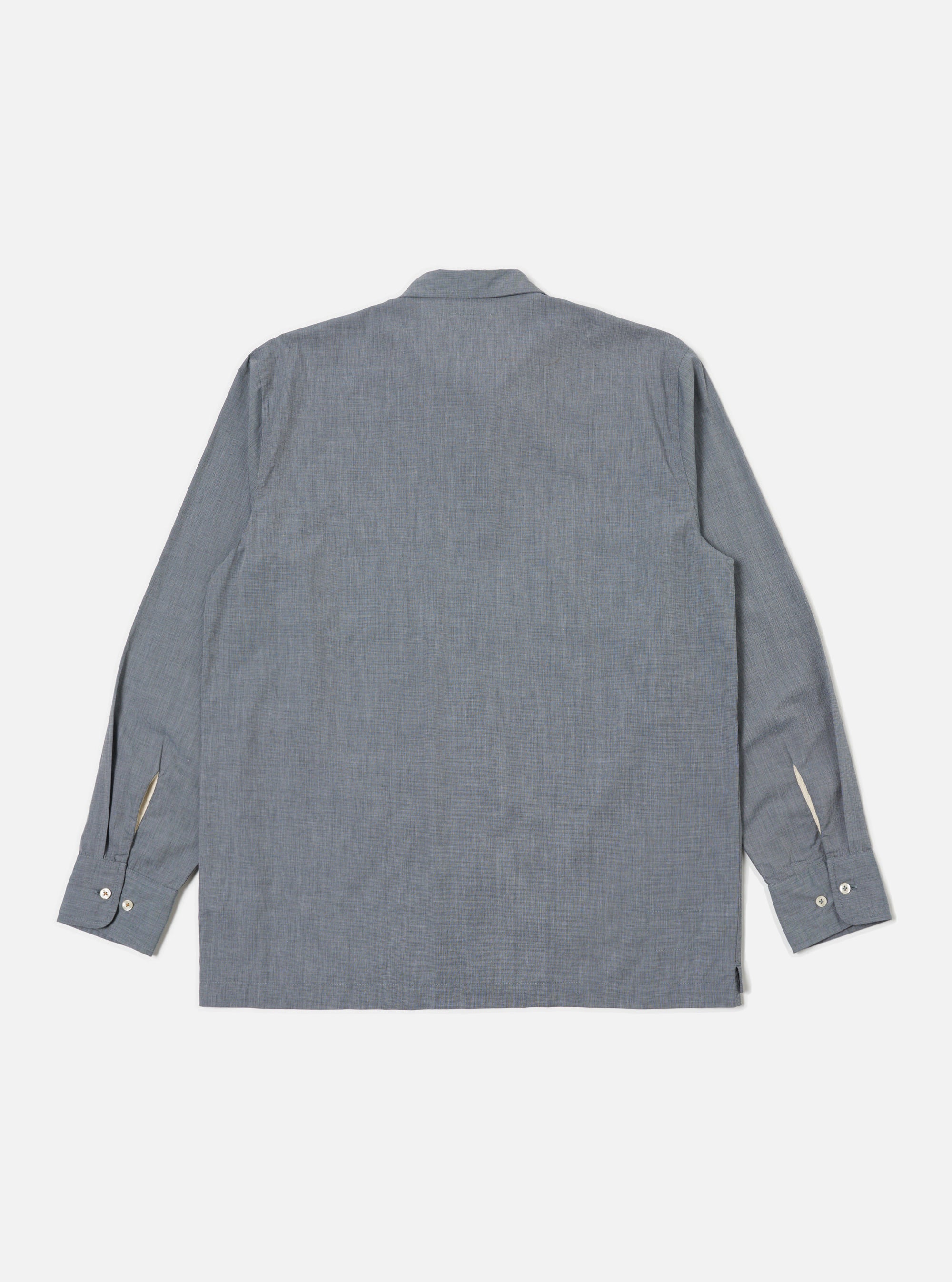 The Grey End On End Cotton Garage Shirt, laid flat on a white background. The long-sleeved shirt has a button-down front and cuffs, made from a textured cotton fabric.
