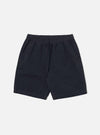 The Navy Linen Slub Weave Simple Short is displayed on a white background. These navy, linen shorts have a relaxed fit and drawstring waist.