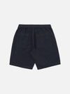 Back view of the Navy Linen Slub Weave Simple Short on a white background. The shorts have a relaxed fit and two back pockets.