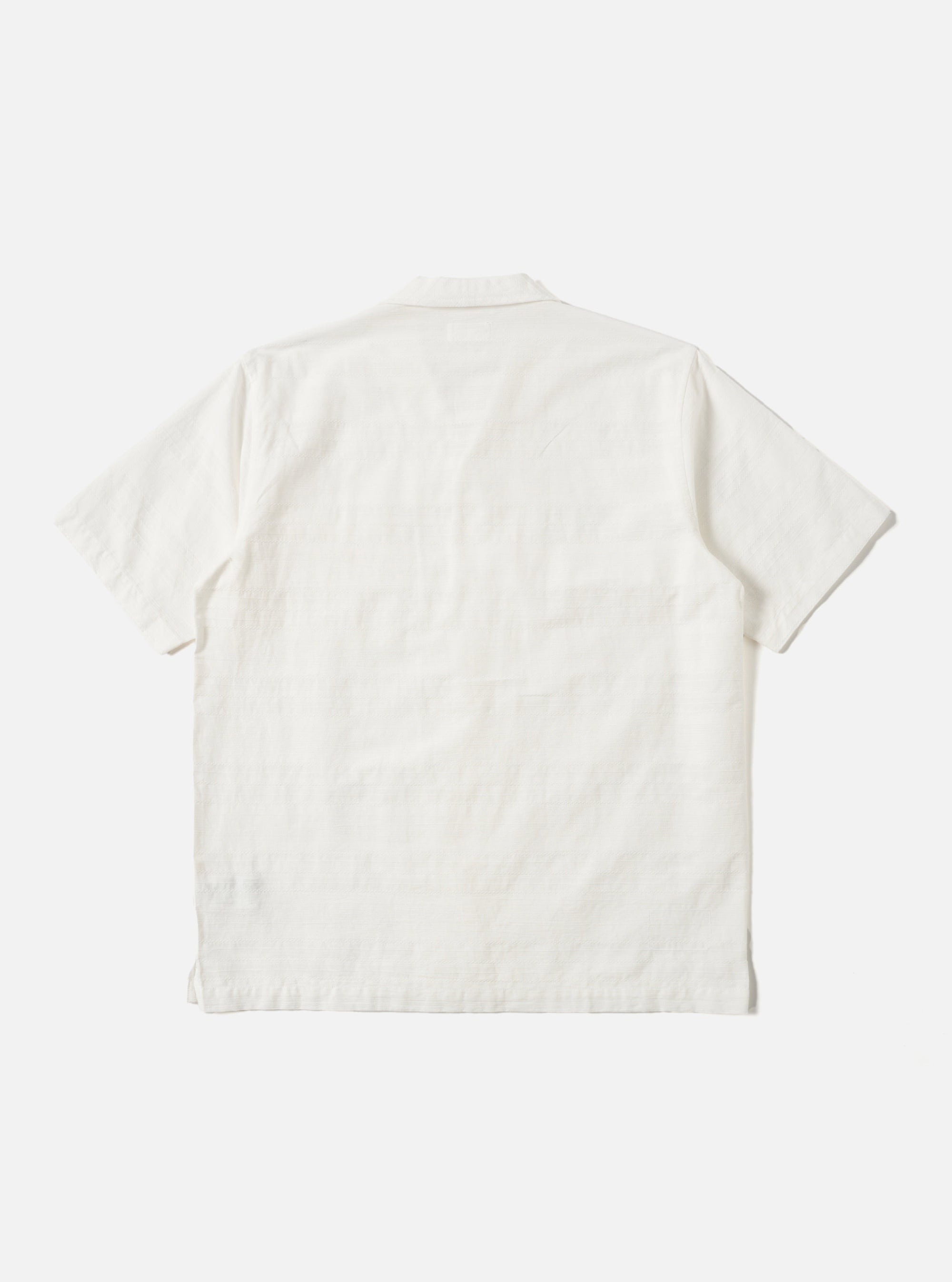Back view of the Ecru Deffe Self Stripe Minari Shirt, an off-white short-sleeve shirt with a subtle stripe pattern, laid flat on a white background.