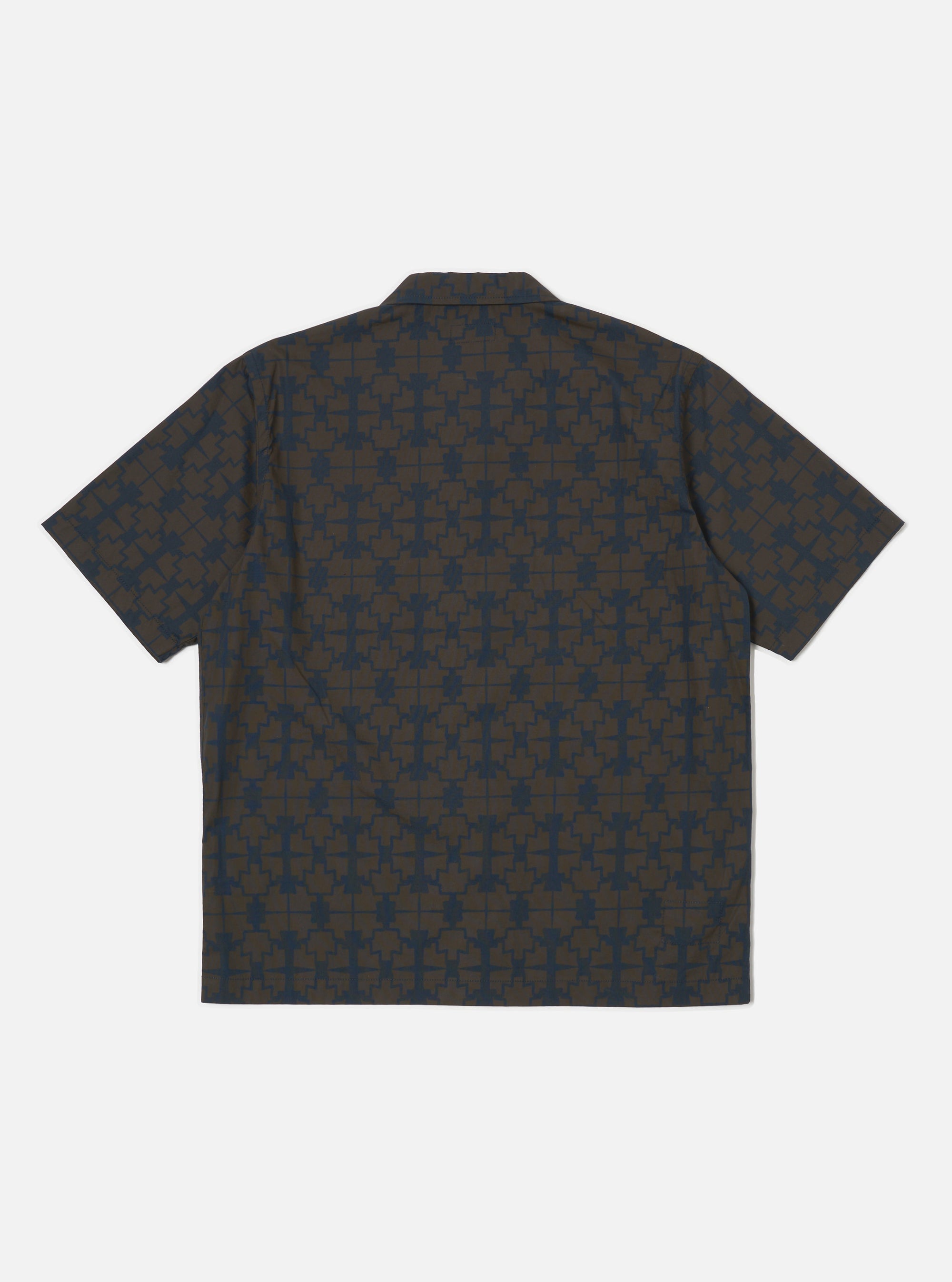 Back view of the Navy Mitla Print Cotton Road Shirt on a white background. The shirt is brown with a navy geometric print. Short sleeves, cotton material.