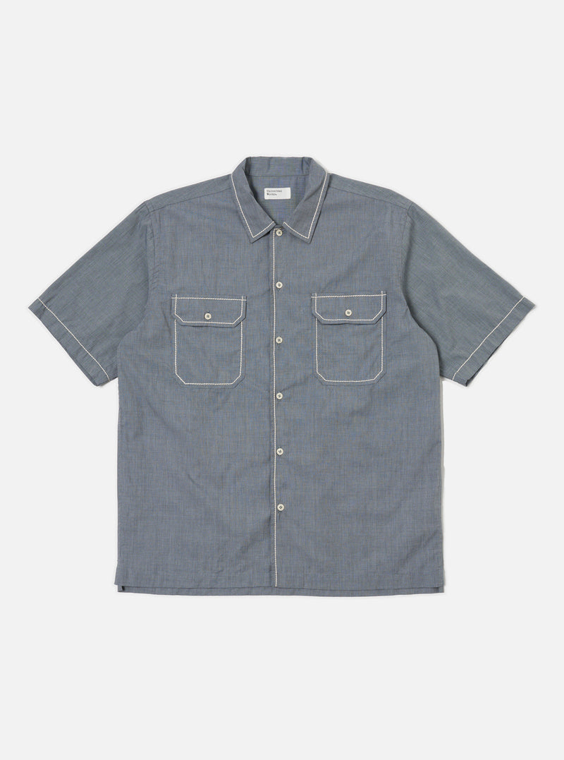 The Grey End On End Cotton Utility SS Shirt is laid flat on a white background. It's a short-sleeved, button-down shirt with two chest pockets and white contrast stitching.