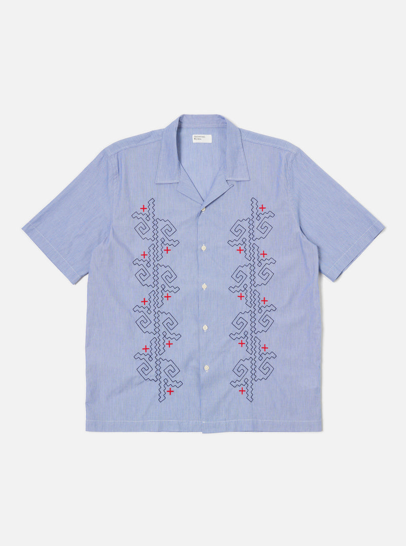 The Blue Classic Stripes Road Trip Shirt, light blue with red and navy embroidery, short sleeves, on a white background.
