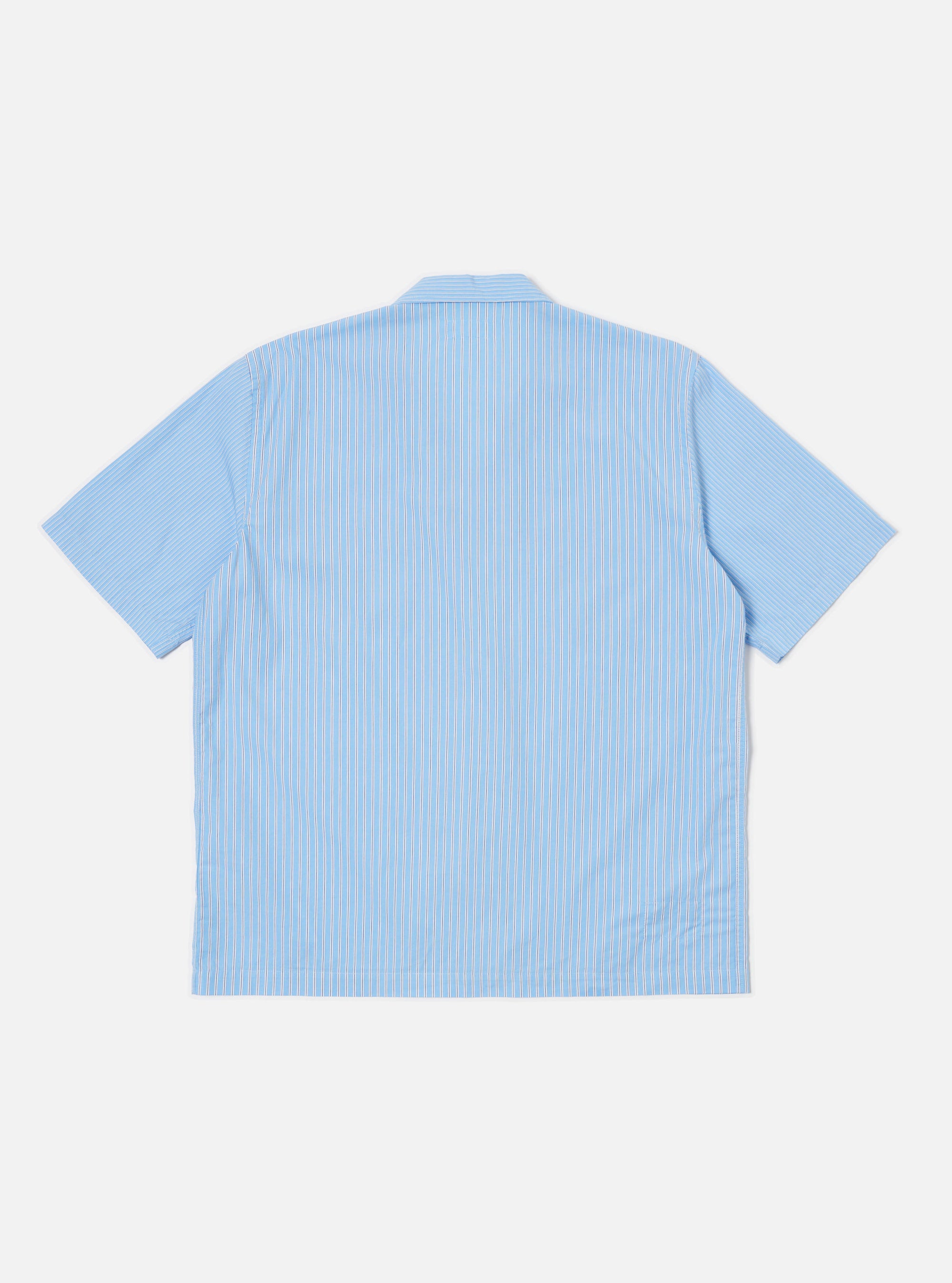Back view of the Blue Vila Stripes Sal Road Shirt. Light blue with white stripes, short sleeves. Laid flat on a white background.