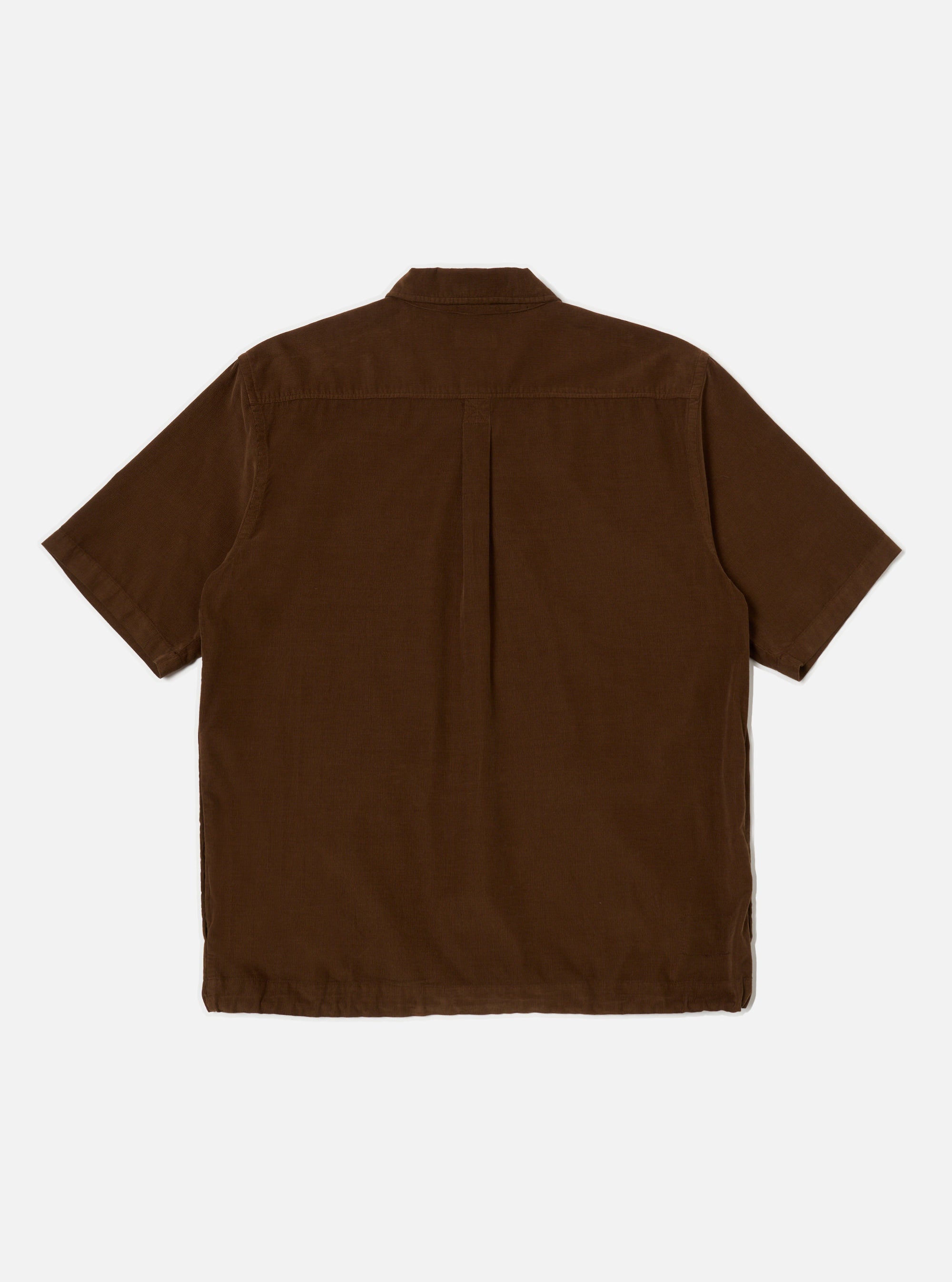 Back view of the Khaki Summer Cord Tech Overshirt, a brown short-sleeve corduroy shirt on a white background. The shirt has a classic collar and a straight hem.