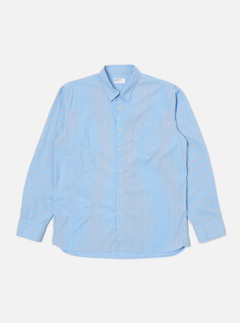 The Blue Vila Stripes Patched Shirt, a light blue and white striped cotton shirt with long sleeves, is laid flat on a white background.