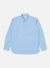 The Blue Vila Stripes Patched Shirt, a light blue and white striped cotton shirt with long sleeves, is laid flat on a white background.