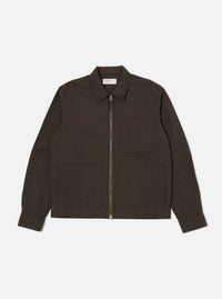 Close-up of the Navy Japanese Seersucker Zip Uniform Jacket on a white background. The jacket is a brown and black checkered pattern with a zip-up front and two pockets.