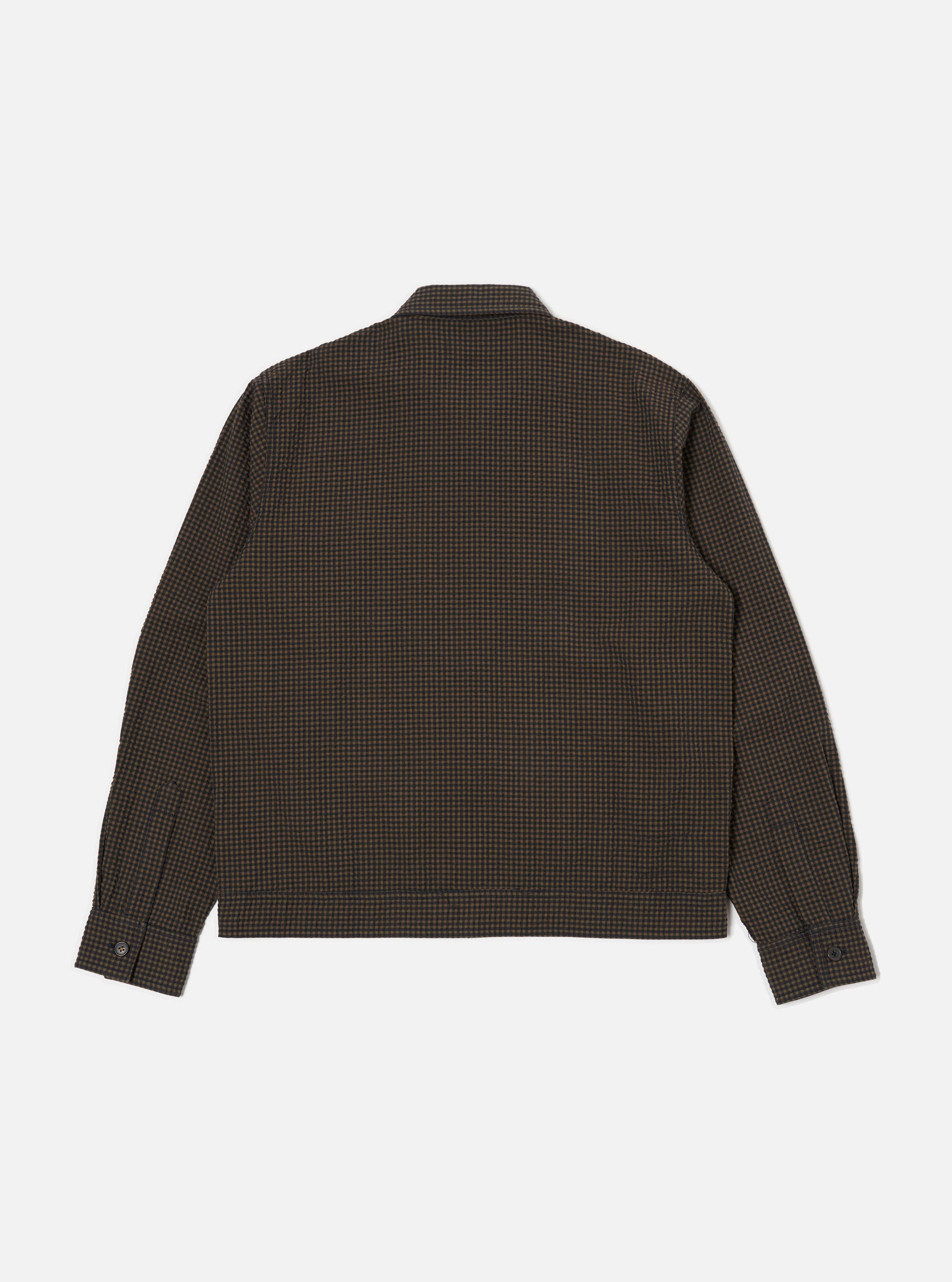 Back view of the Navy Japanese Seersucker Zip Uniform Jacket on a white background. The jacket has a brown and black checkered pattern and long sleeves.