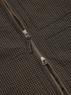 Close-up of the Navy Japanese Seersucker Zip Uniform Jacket showing the zipper and the navy and brown checkered seersucker fabric. The jacket is laid flat on a neutral surface.