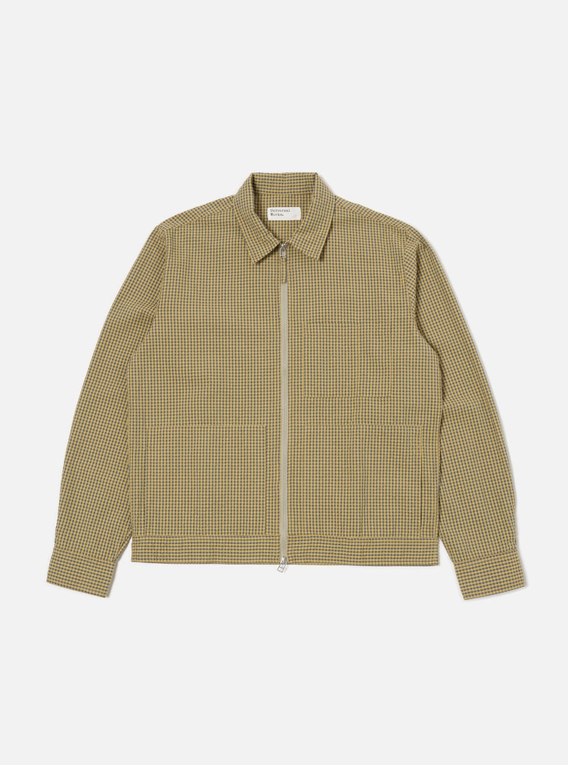 The Yellow Japanese Seersucker Zip Uniform Jacket is displayed on a white background. The jacket has a yellow and black checkered pattern and a silver zipper.