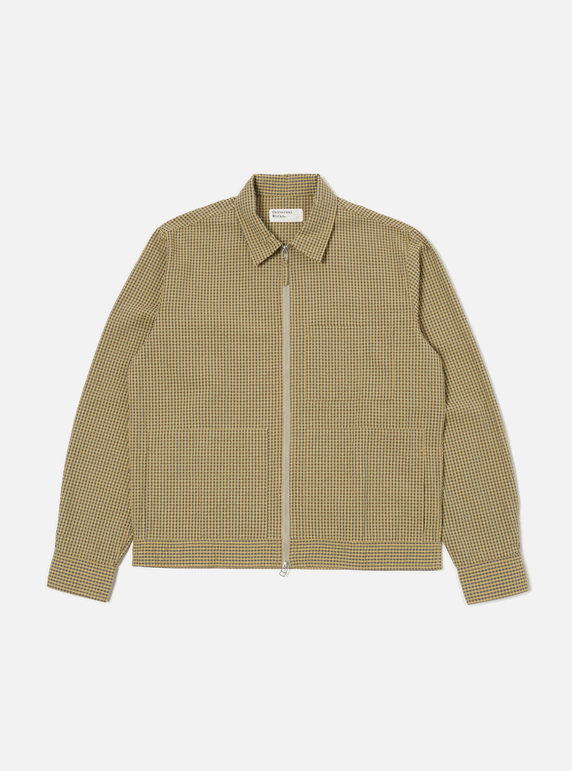The Yellow Japanese Seersucker Zip Uniform Jacket is displayed on a white background. The jacket has a yellow and black checkered pattern and a silver zipper.