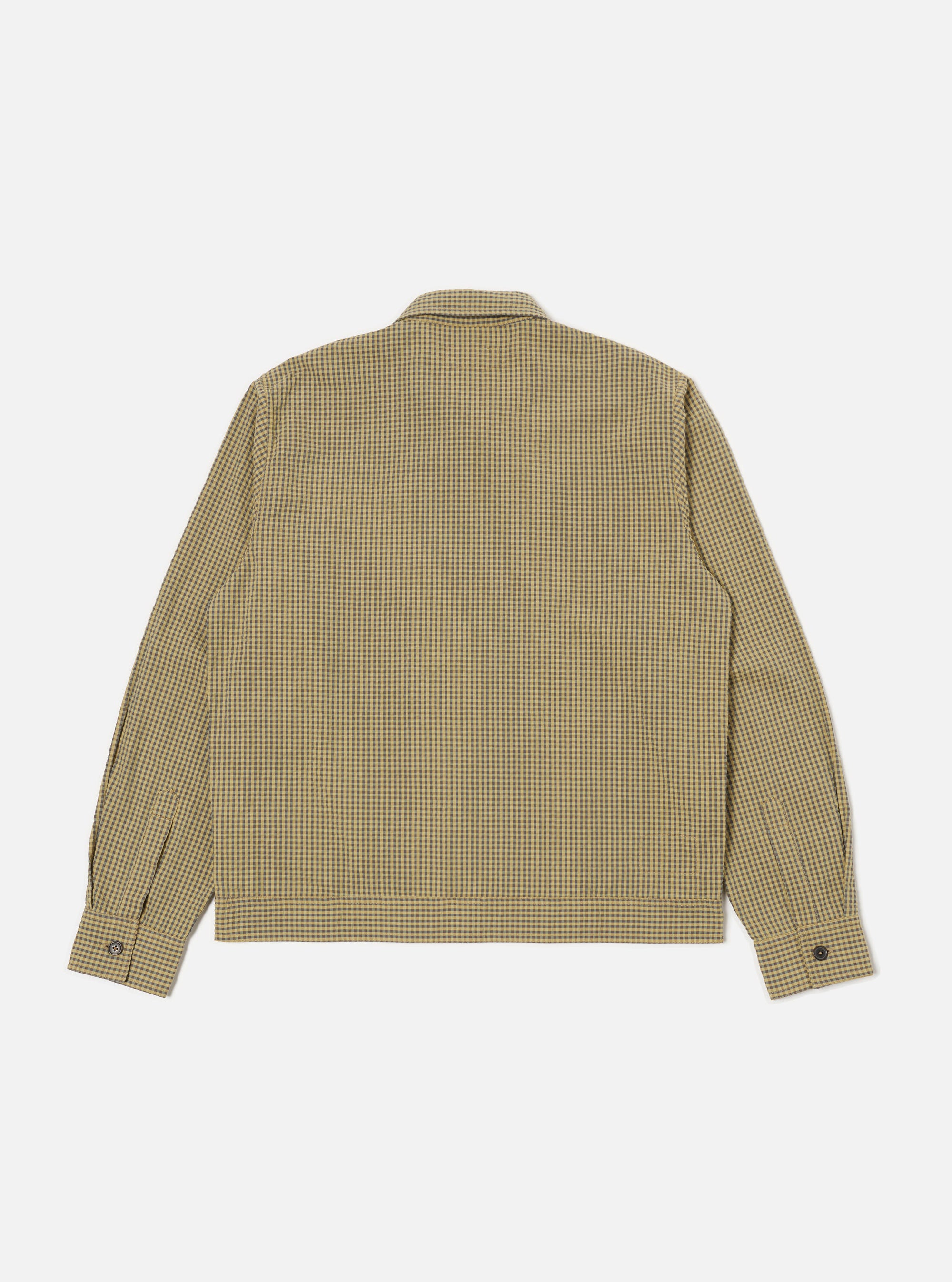 Back view of the Yellow Japanese Seersucker Zip Uniform Jacket on a white background. The jacket has a yellow and black checkered pattern.