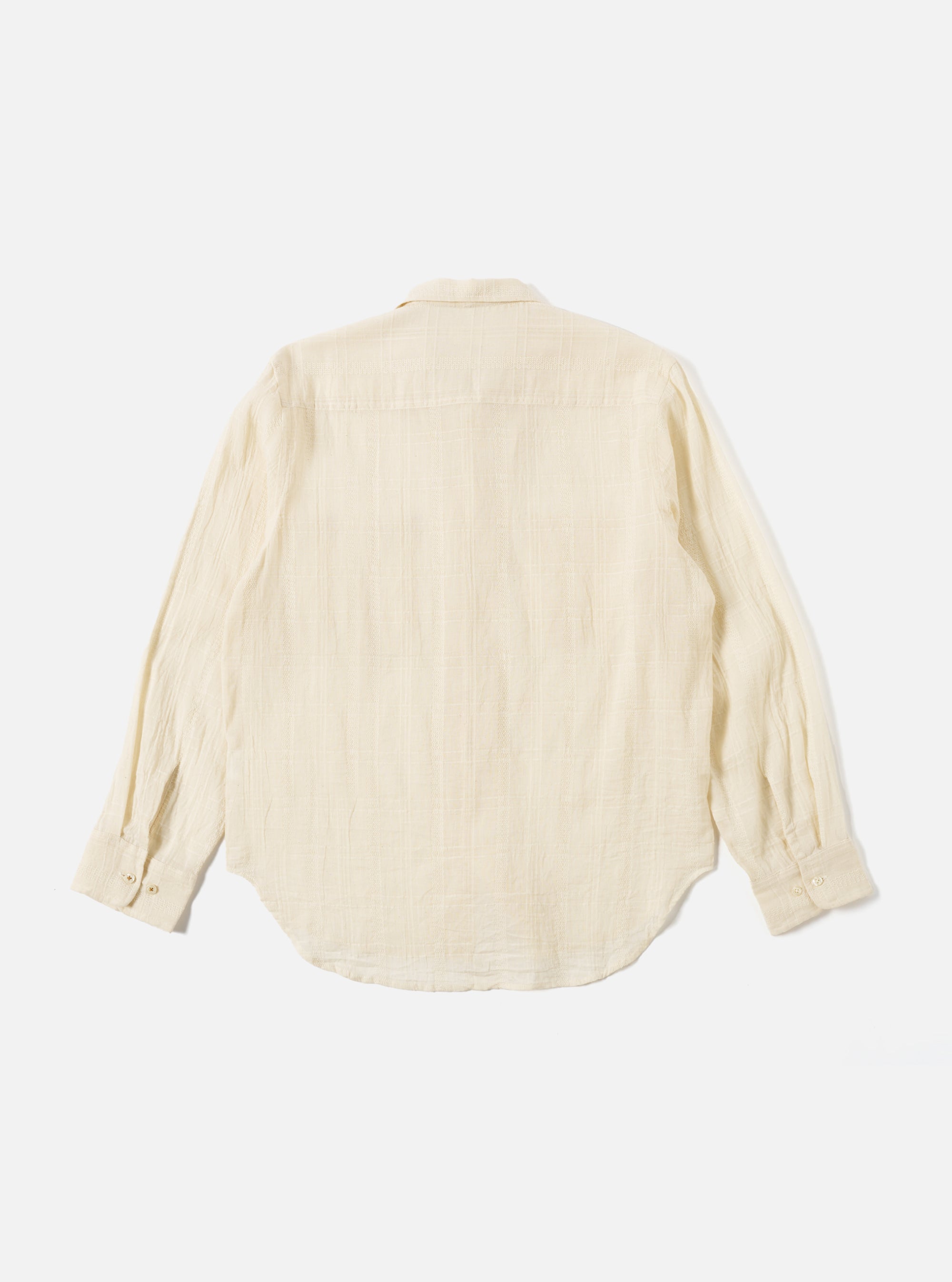 The Ecru Acapulco Weave Work Shirt, shown on a white background. The shirt is a light ecru color with long sleeves and a button-down front. The weave is visible and textured.
