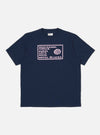 Close up of the Navy/Pink Single Jersey Pickup Print Tee on a white background. The tee is navy with a pink graphic print in the center.