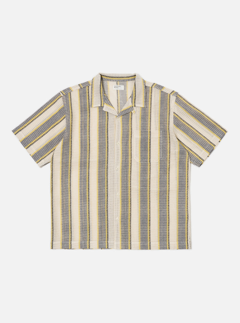The Grey/Yellow Cotton Lattice Road Shirt is laid flat on a white background. The shirt has vertical stripes of grey, yellow, and off-white in a lattice pattern.