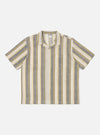The Grey/Yellow Cotton Lattice Road Shirt is laid flat on a white background. The shirt has vertical stripes of grey, yellow, and off-white in a lattice pattern.