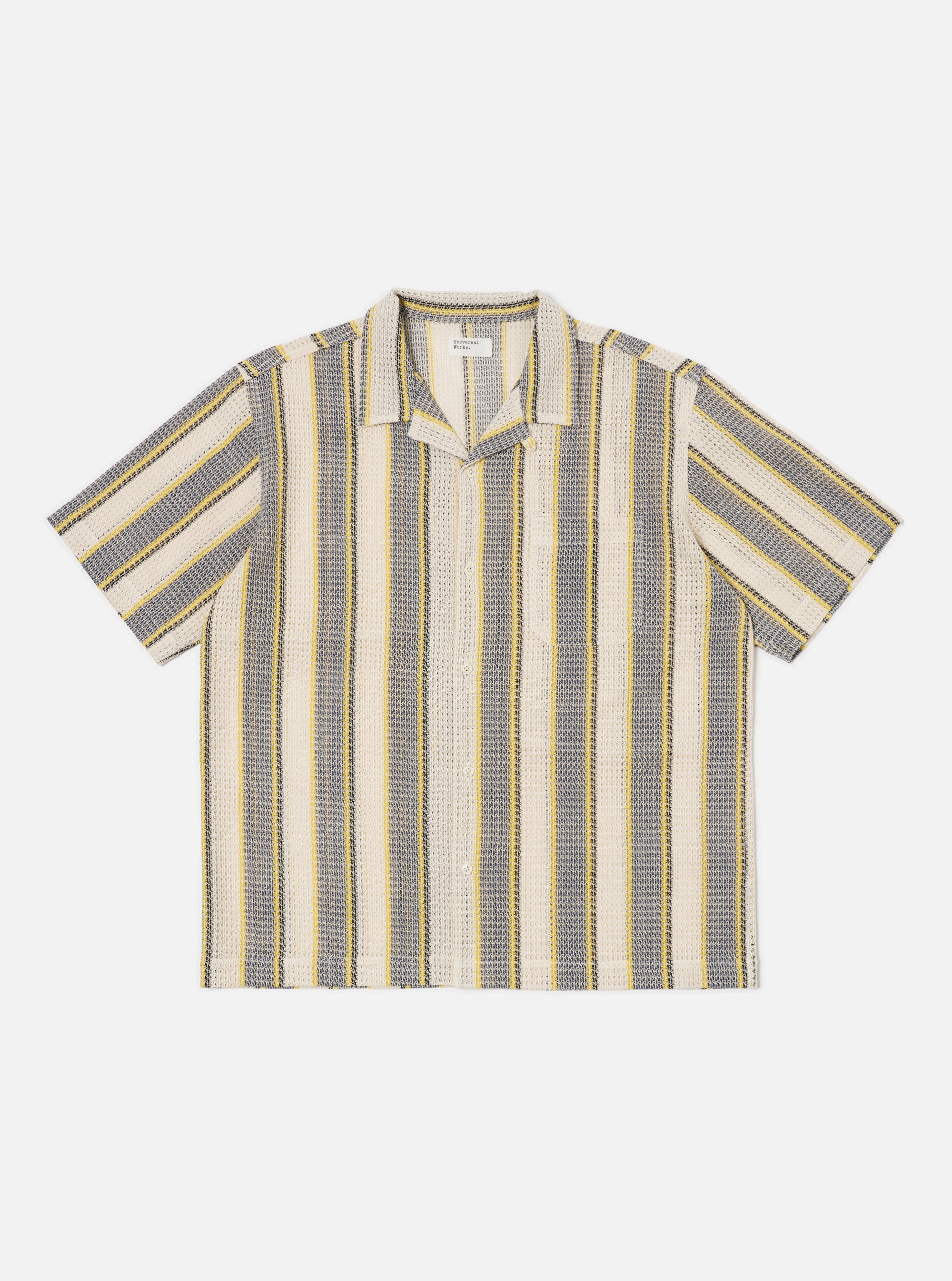 The Grey/Yellow Cotton Lattice Road Shirt is laid flat on a white background. The shirt has vertical stripes of grey, yellow, and off-white in a lattice pattern.