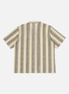 The Grey/Yellow Cotton Lattice Road Shirt laid flat on a white background. The shirt features vertical stripes of grey, yellow, and white in a lattice pattern.
