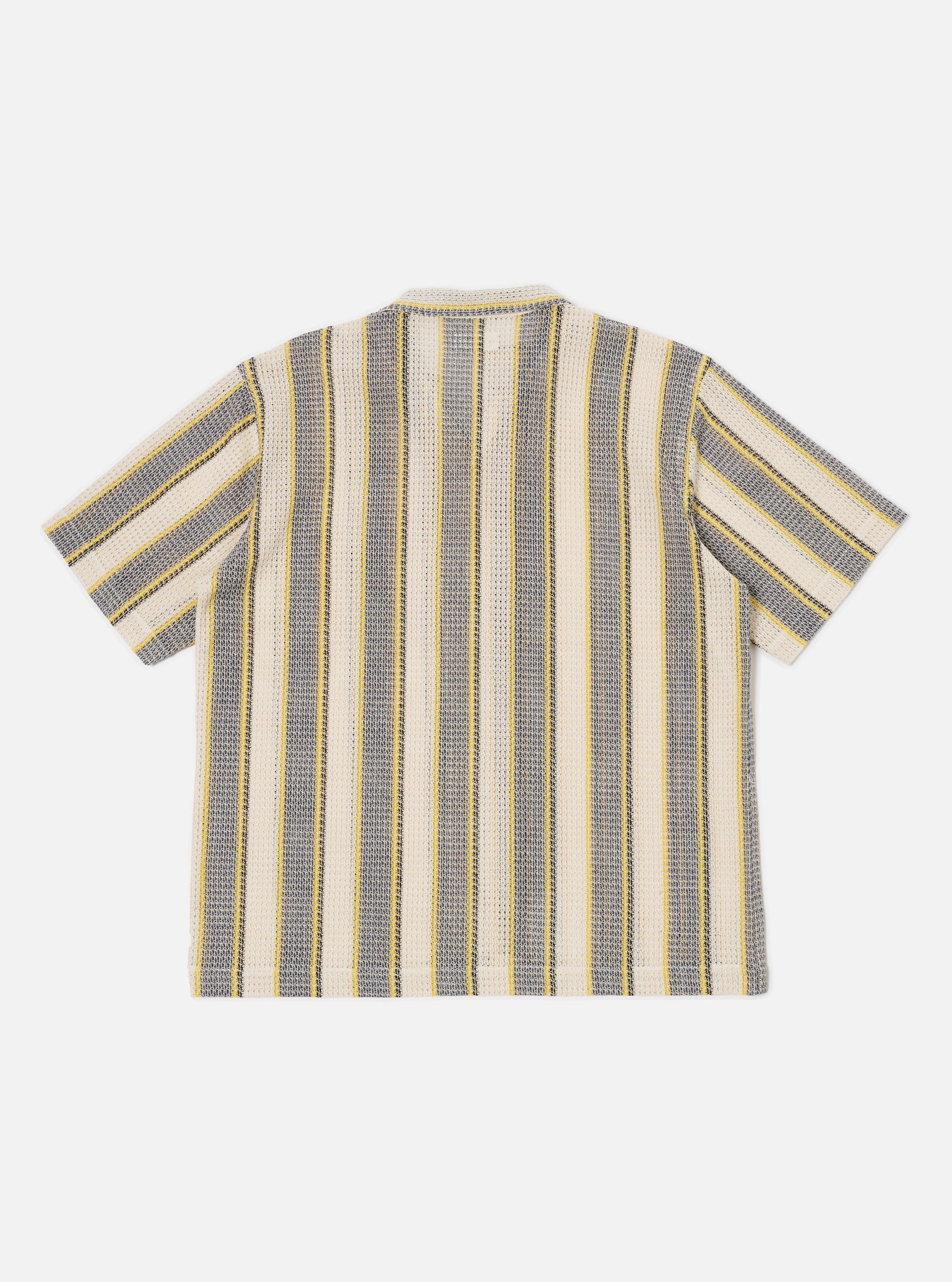 The Grey/Yellow Cotton Lattice Road Shirt laid flat on a white background. The shirt features vertical stripes of grey, yellow, and white in a lattice pattern.