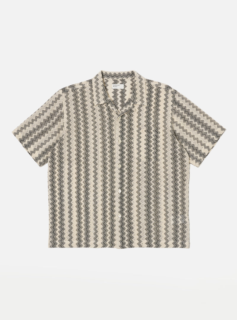 The Charcoal Cotton Lattice Road Shirt is laid flat on a white background. The shirt has a charcoal and beige lattice pattern.