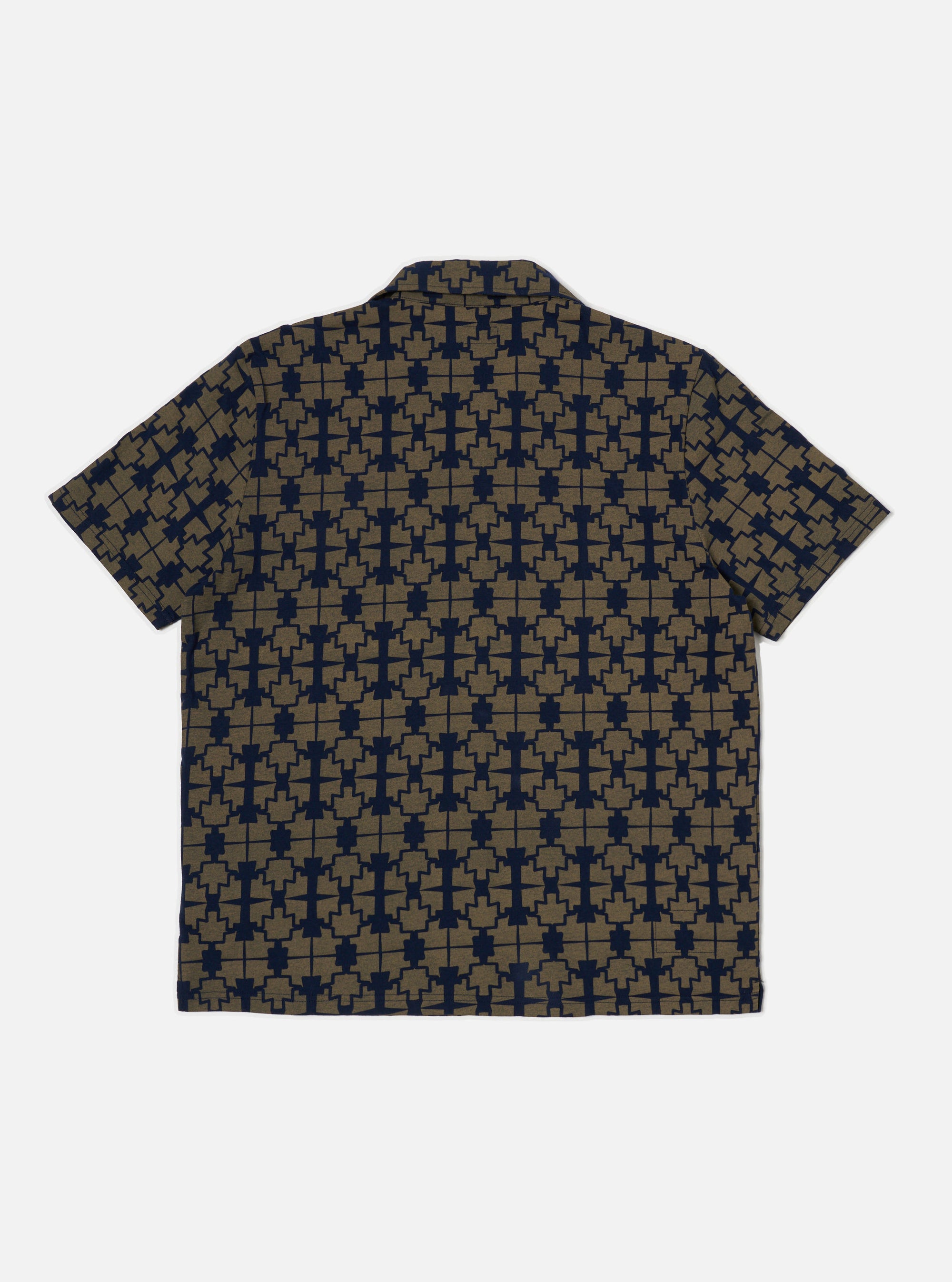 The Navy/Mud Mitla Print Jersey Newlyn Polo on a white background. The polo features a navy and mud geometric print.