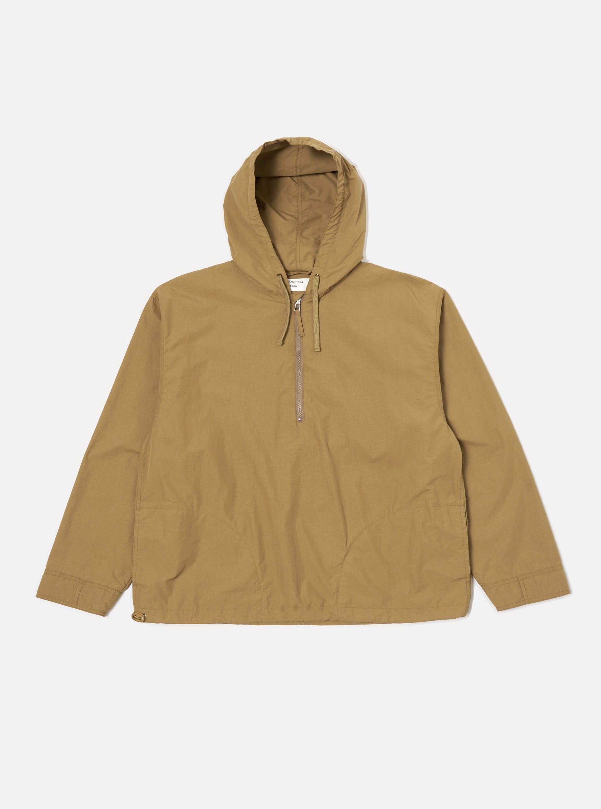 The Dark Sand Peach Recycled Nylon Liam Jacket, a hooded jacket in a light brown color, is laid flat on a white background. The jacket has a half-zip closure.