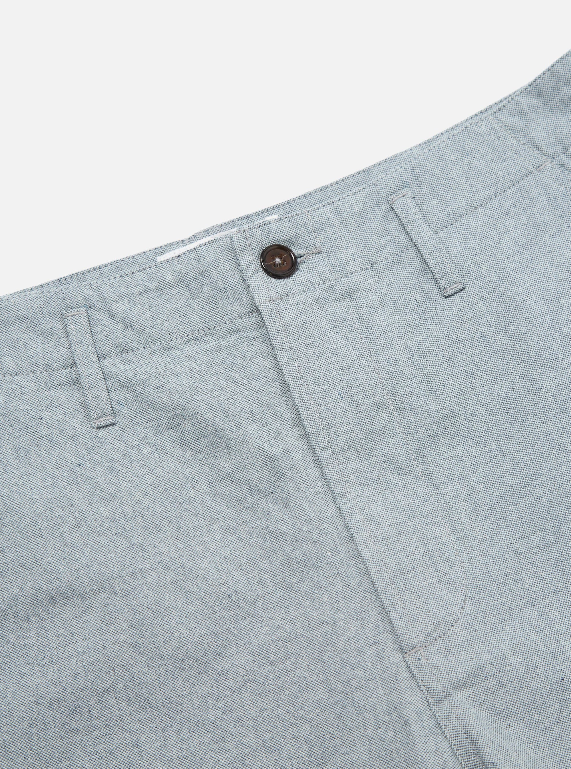 Close-up of the Indigo Reworked Jean Cloth Alva Short. Light blue denim texture with a brown button. Shot on a white background.