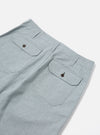 Close-up of the Indigo Reworked Jean Cloth Alva Short on a white background. Shows the back pockets with button closures and the jean cloth material.