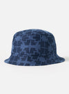 Close-up of the Navy Mitla Print Cord Beach Hat on a white background. The hat is blue corduroy with a geometric print.