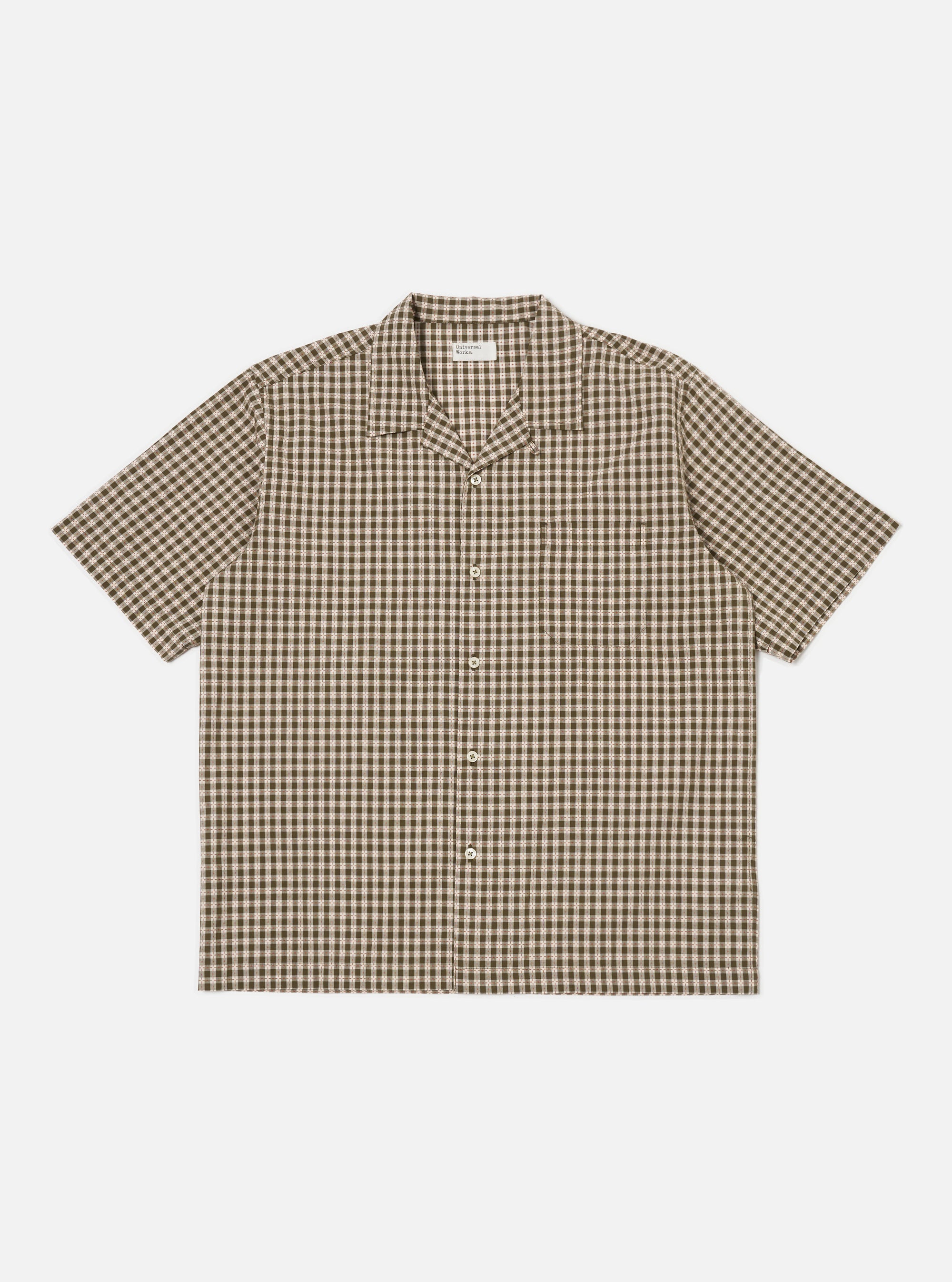 The Olive Dobby Check Road Shirt, a short-sleeve button-down, is laid flat on a white background. The shirt features an olive and beige check pattern and a relaxed fit.