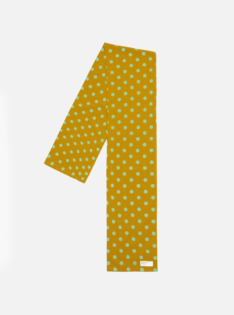 Mustard Bold Dot Print Rayon Evening Scarf on a white background. The scarf is mustard yellow with light green polka dots. Rayon material.