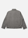 The Mid Grey Linen Slub Weave E130 Jacket is shown from the back, laid flat against a plain white background. The image highlights the straight hem, the back of the collar, and the textured slub weave of the mid-grey fabric.