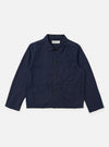 The Navy Linen Slub Weave Franck Jacket is displayed as a flat lay against a plain white background. The jacket features a full button-down front, a classic one-piece collar, and three practical patch pockets, including one on the left chest. The deep navy blue fabric has a visible textured, slubbed appearance.