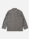 The Mid Grey Linen Slub Weave Two Button Jacket is shown from a rear three-quarter angle, laid flat against a plain white background. The image highlights the jacket's structured back with vertical seams, two-piece sleeve construction, and the textured slub weave of the mid-grey linen-cotton fabric.